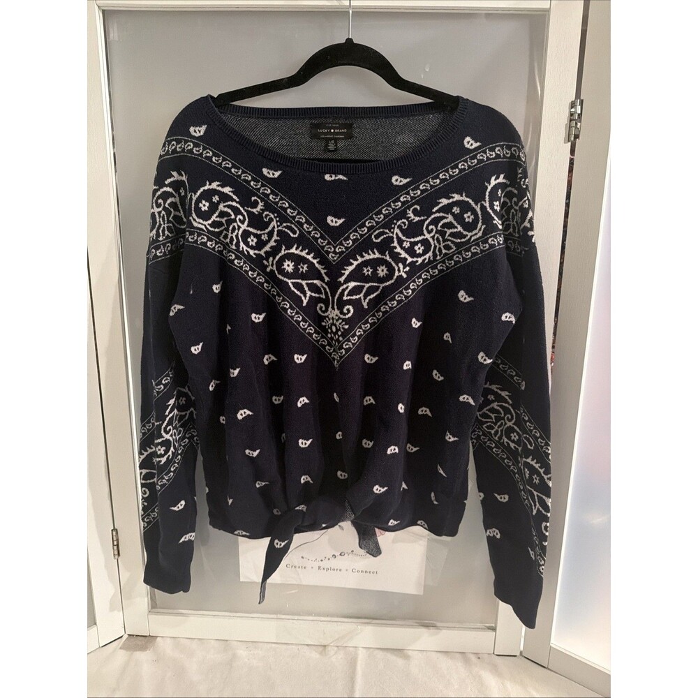 Lucky Brand Sweater Women Sz Large Paisley Bandana Navy Blue Pullover Sweater